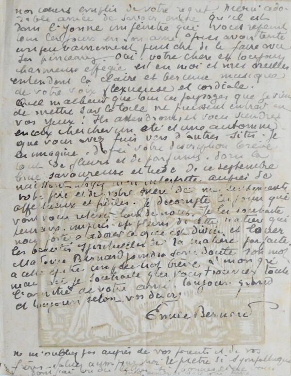 Lettre d'Émile Bernard illustrée d'une magnifique gravure originale