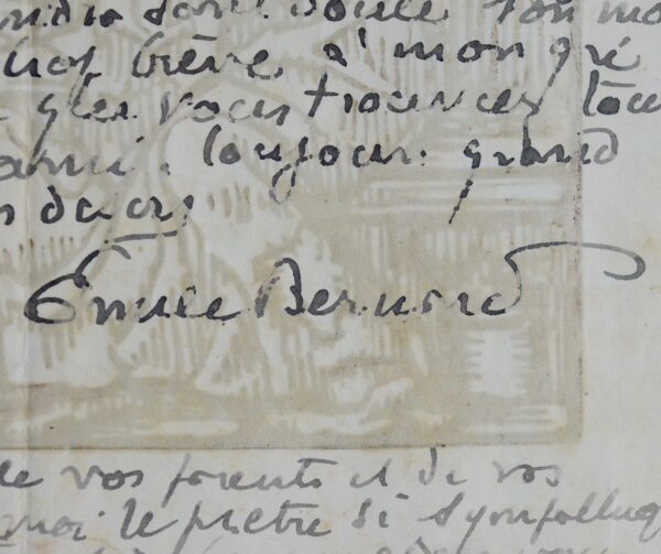 Lettre d'Émile Bernard illustrée d'une magnifique gravure originale