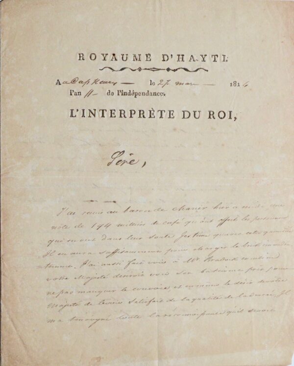 Lettre adressée à Henri 1er roi d'Haïti par son secrétaire en 1814