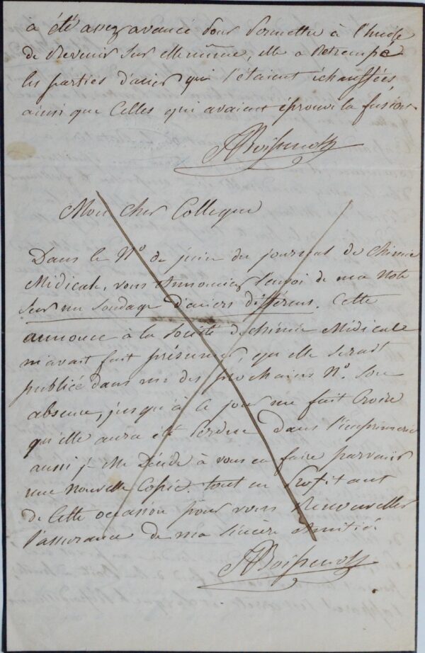 Manuscrit du chimiste Boissenot sur le soudage de deux aciers différents