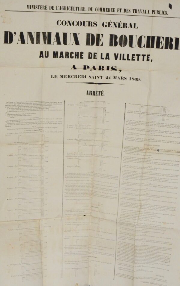 Affiche de 1869 du concours général d'animaux de boucherie, à la Villette
