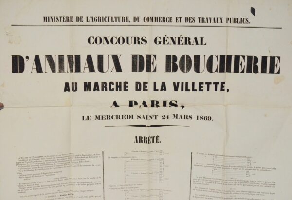 Affiche de 1869 du concours général d'animaux de boucherie, à la Villette