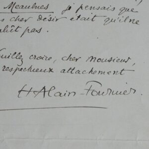 Rare et magnifique lettre d'Alain-Fournier à André Suarès sur le Grand Meaulnes