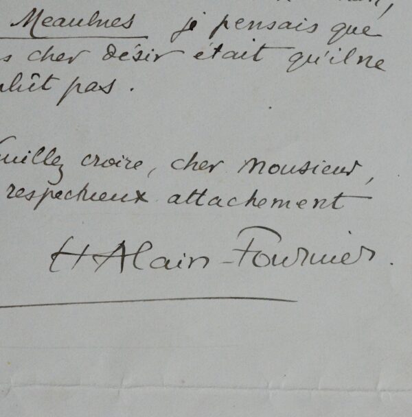 Rare et magnifique lettre d'Alain-Fournier à André Suarès sur le Grand Meaulnes