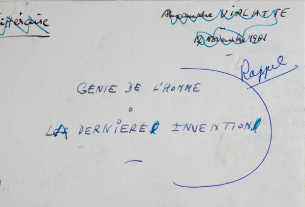 Manuscrit satyrique d'Alexandre Vialatte : "Génie de l'homme - La dernière invention"