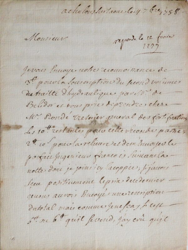 L'ingénieur Gabriel Boucot de Fleurigny se procure des ouvrages de Belidor et Deidier