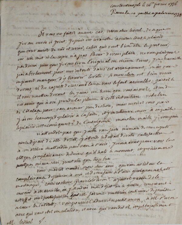 Belle lettre du diplomate Guyot de Kercy, écrite de Constantinople en 1776