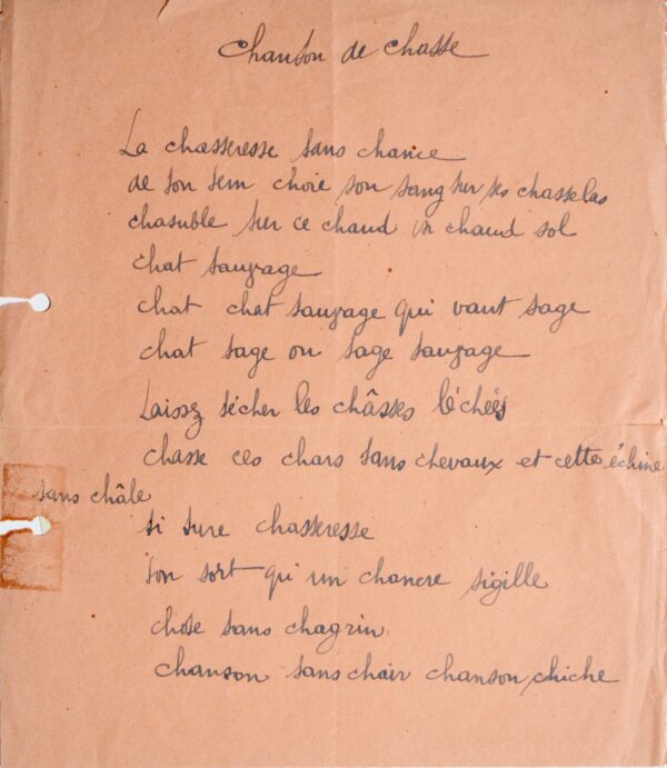Manuscrit du célèbre poème surréaliste de Robert Desnos "Chanson de chasse"