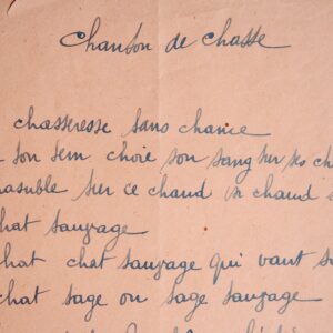 Manuscrit du célèbre poème surréaliste de Robert Desnos "Chanson de chasse"