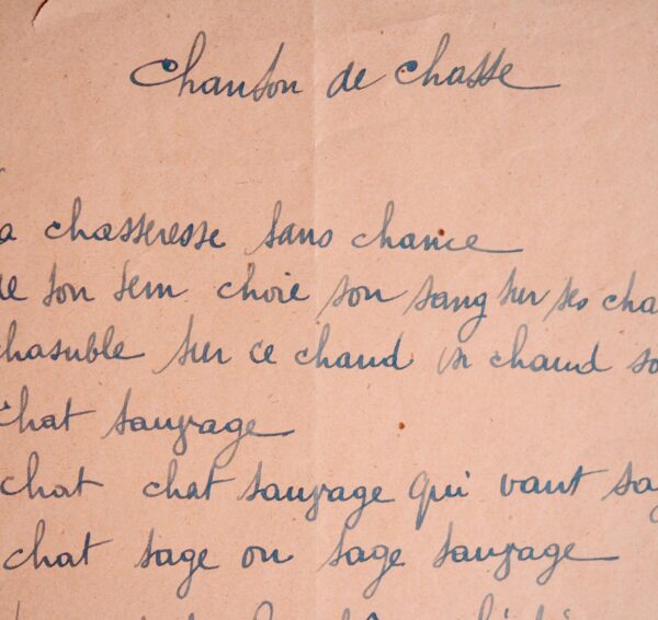 Manuscrit du célèbre poème surréaliste de Robert Desnos "Chanson de chasse"