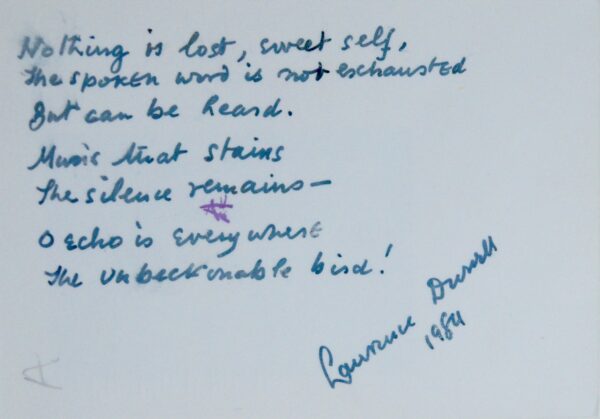 Poème de Lawrence Durrell, au verso d'une photographie originale de ruines grecques