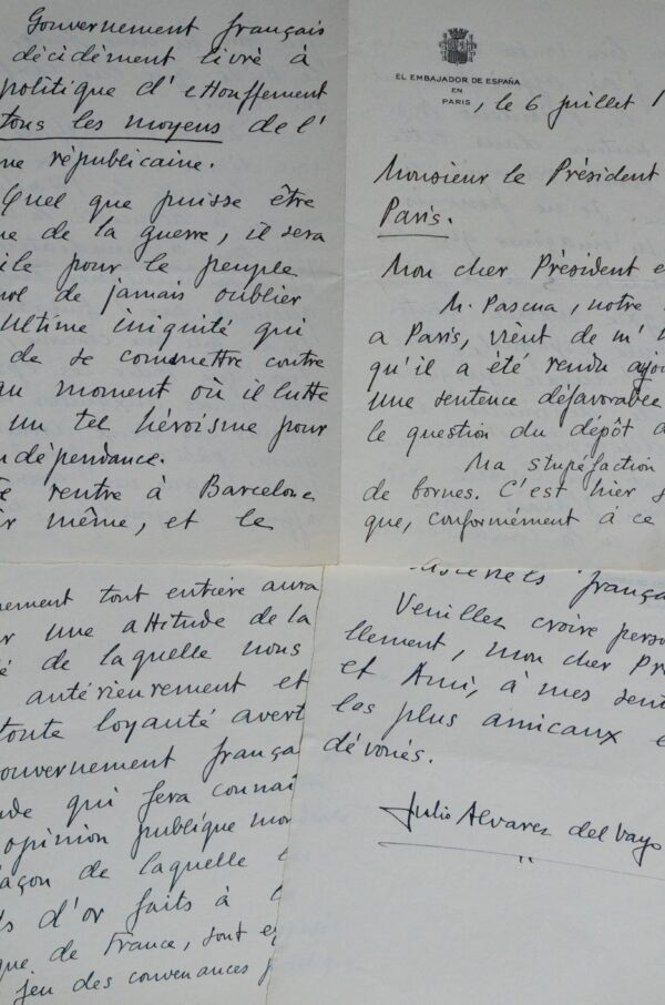 Longue lettre de Julio Alvarez del Vayo à Léon Blum durant le guerre civile espagnole
