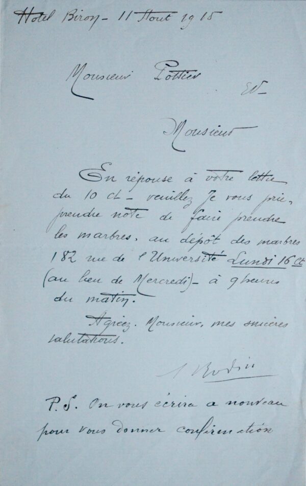 Rodin commande un transport de marbre, depuis l'Hôtel Biron