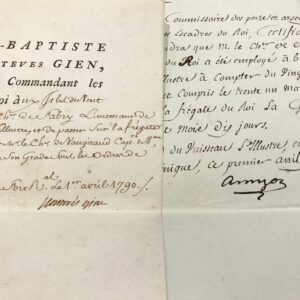 Deux documents rédigés à bord du vaisseau l'Illustre, en Martinique, en 1790