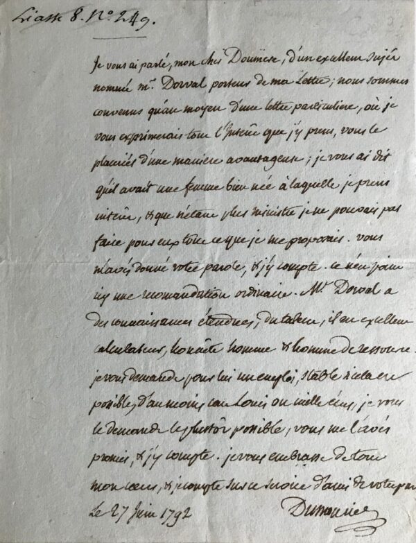 Dumouriez réclame un emploi pour son ami Dorval