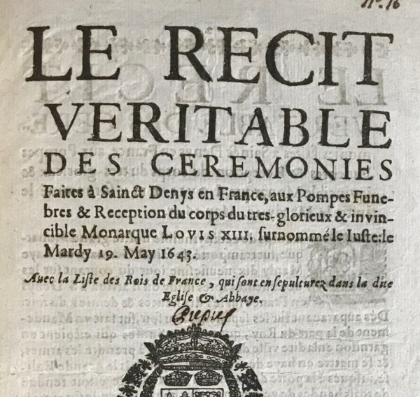 Rare relation des funérailles de Louis XIII à Saint Denis