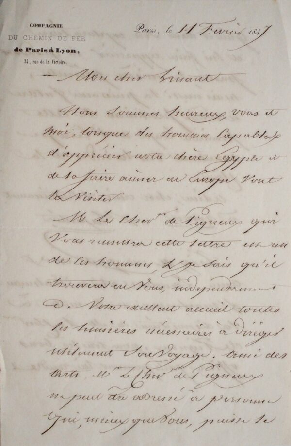 Lettre du saint-simonien Prosper Enfantin à son ami l'égyptologue Linant-Bey