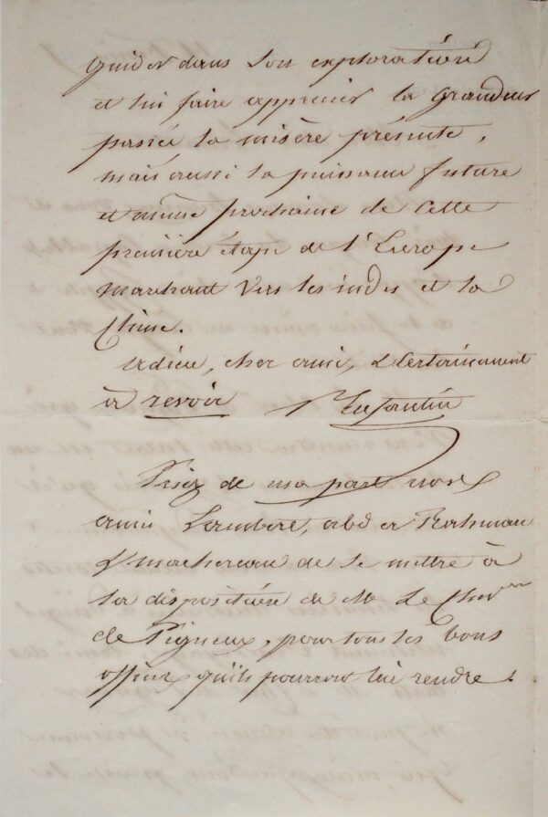 Lettre du saint-simonien Prosper Enfantin à son ami l'égyptologue Linant-Bey
