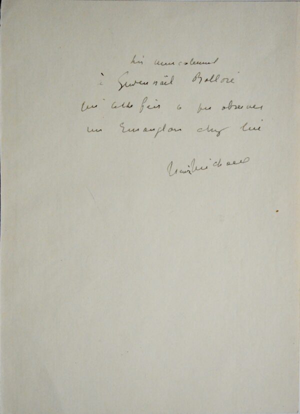 Envoi autographe signé d'Henri Michaux à Gwen-Aël Bolloré, sur papier Japon