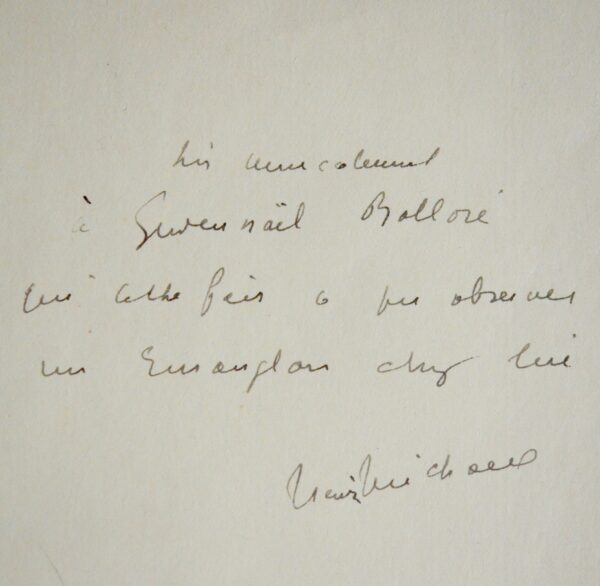 Envoi autographe signé d'Henri Michaux à Gwen-Aël Bolloré, sur papier Japon