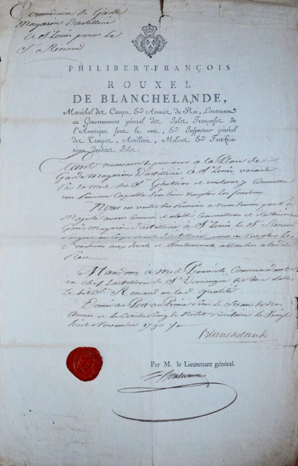 Rare pièce signée par le gouverneur des "isles françoise de l'Amérique", Rouxel de Blanchelande