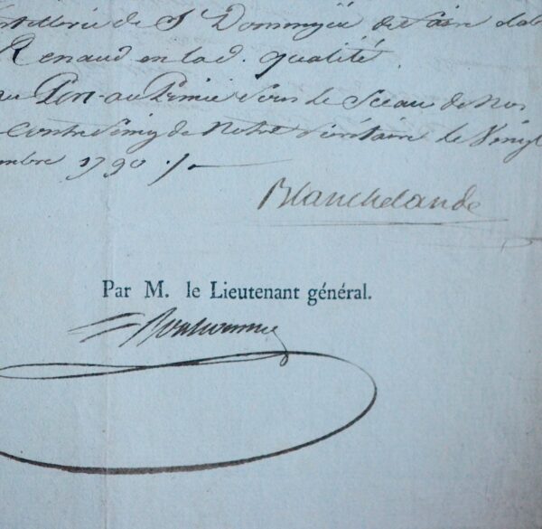 Rare pièce signée par le gouverneur des "isles françoise de l'Amérique", Rouxel de Blanchelande