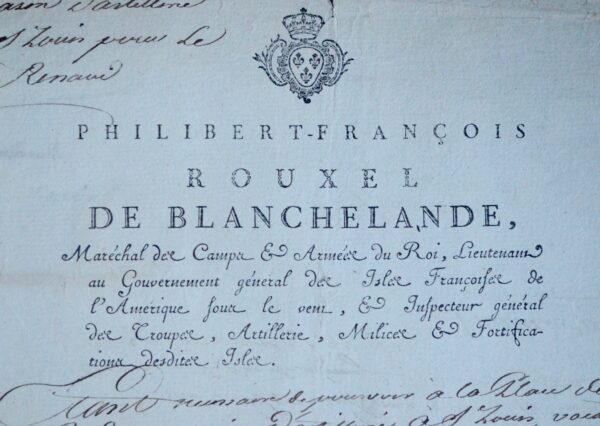 Rare pièce signée par le gouverneur des "isles françoise de l'Amérique", Rouxel de Blanchelande