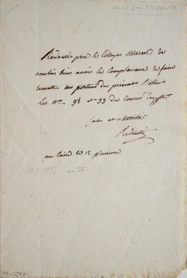 Rare billet du peintre Henri-Joseph Redouté pendant l'Expédition d'Egypte