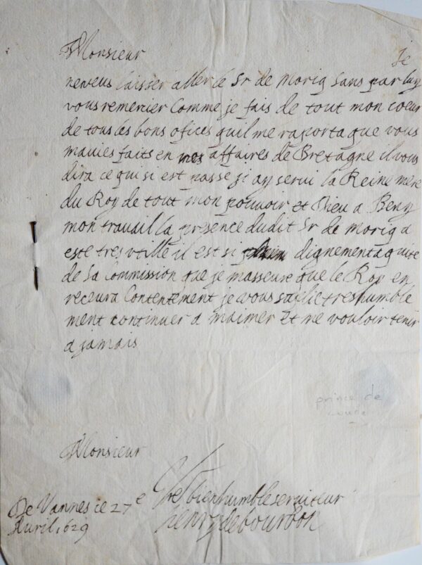 Le prince de Condé rend compte des services à Marie de Médicis au cardinal de Bérulle