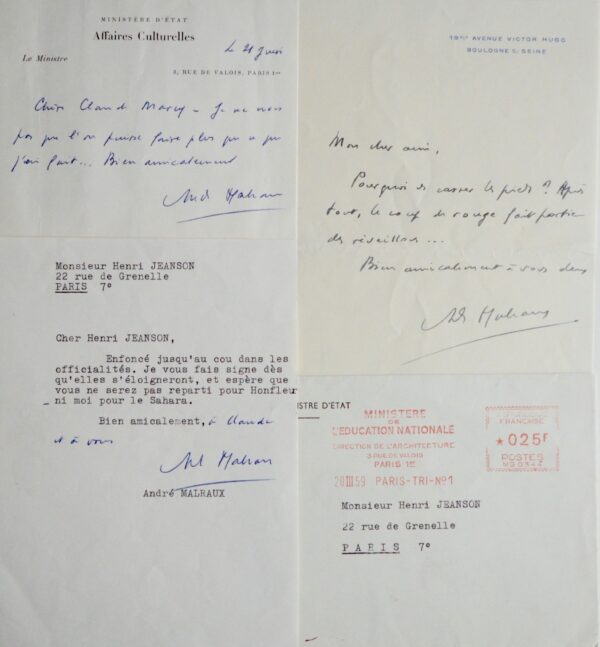 Trois lettres de Malraux à Henri Jeanson et Claude Marcy
