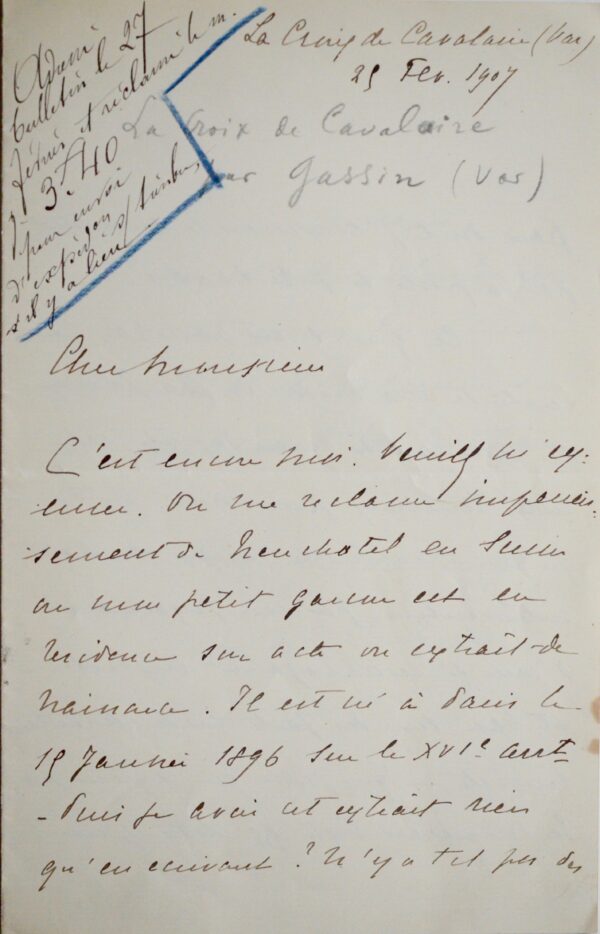 Rare lettre de Pierre de Coubertin écrite au moment de la constitution du nouveau comité olympique