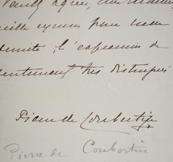 Rare lettre de Pierre de Coubertin écrite au moment de la constitution du nouveau comité olympique