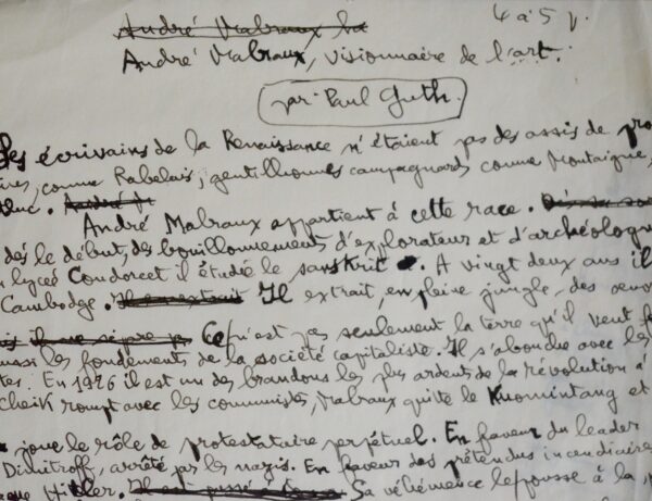 Très beau texte de Paul Guth sur André Malraux, condottiere de l'Art