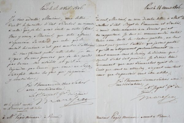Ensemble de deux lettres du général Marescot de 1806