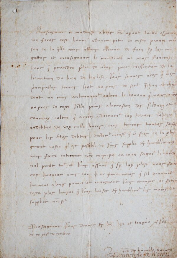 Lettre de détresse de l'abbesse de Fontevraud, Françoise de Rohan "nous allons mourir de faim"