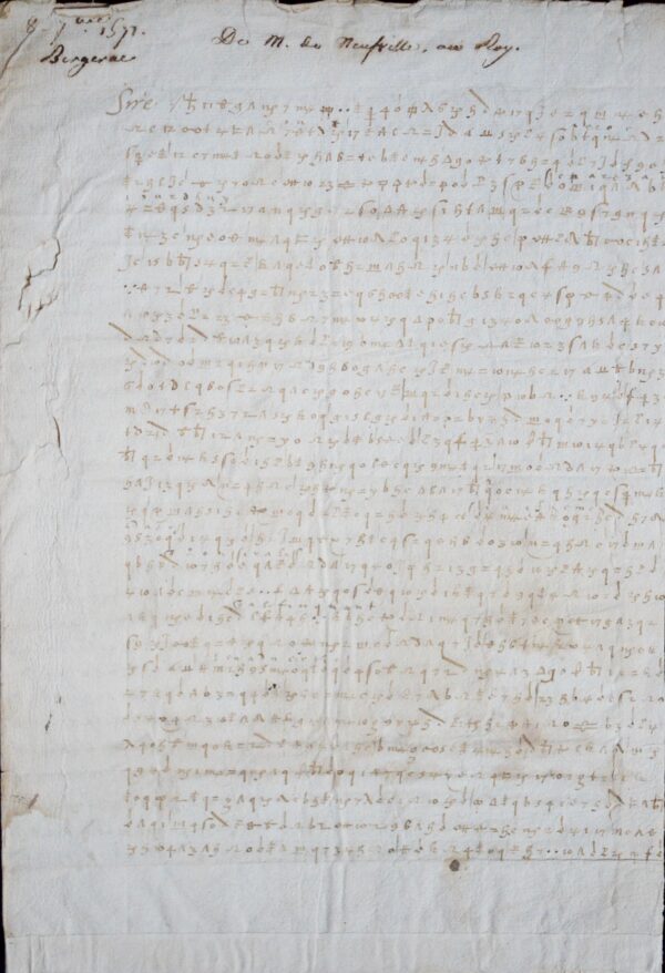 Précieuse lettre codée de Villeroy à Henri III, lors de la négociation de la paix de Bergerac