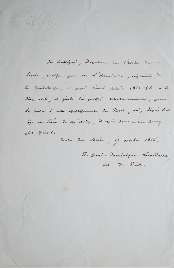 Certificat du père Lacordaire pour le guadeloupéen L'Herminier