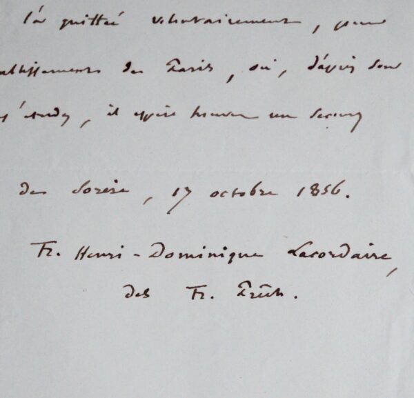Certificat du père Lacordaire pour le guadeloupéen L'Herminier