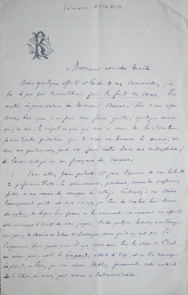 Longue lettre de Salomon Reinach, sur le professorat à l'Ecole Normale Supérieure