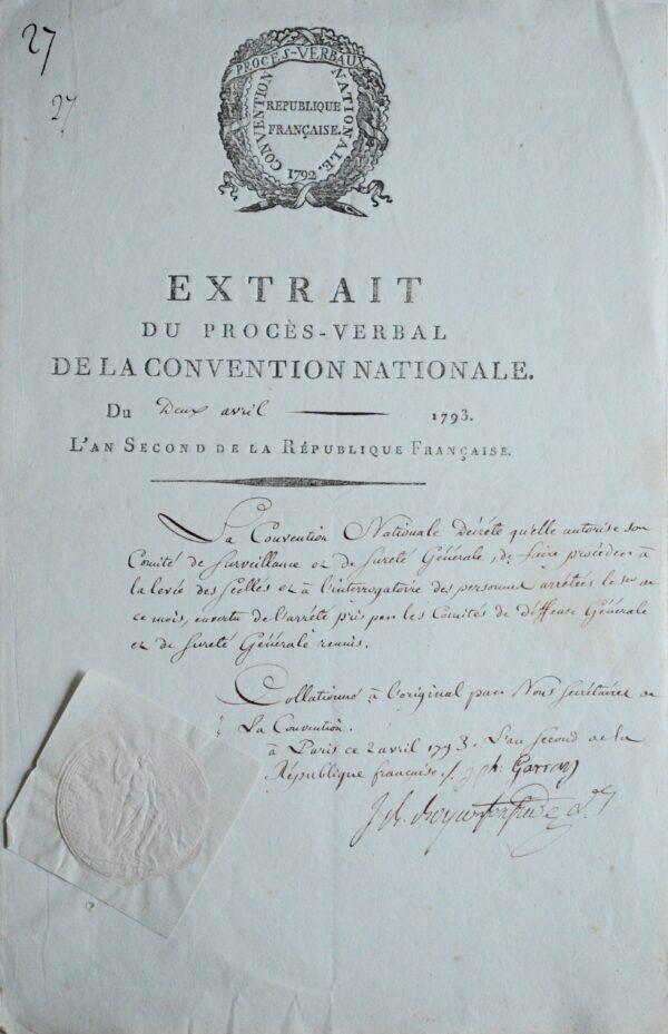 Pièce signée par le conventionnel girondin Jean-Baptiste Boyer-Fonfrède