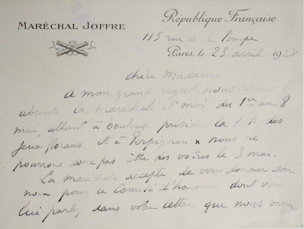 Joffre ira présider l'Académie des Jeux floraux, en 1928, à Toulouse