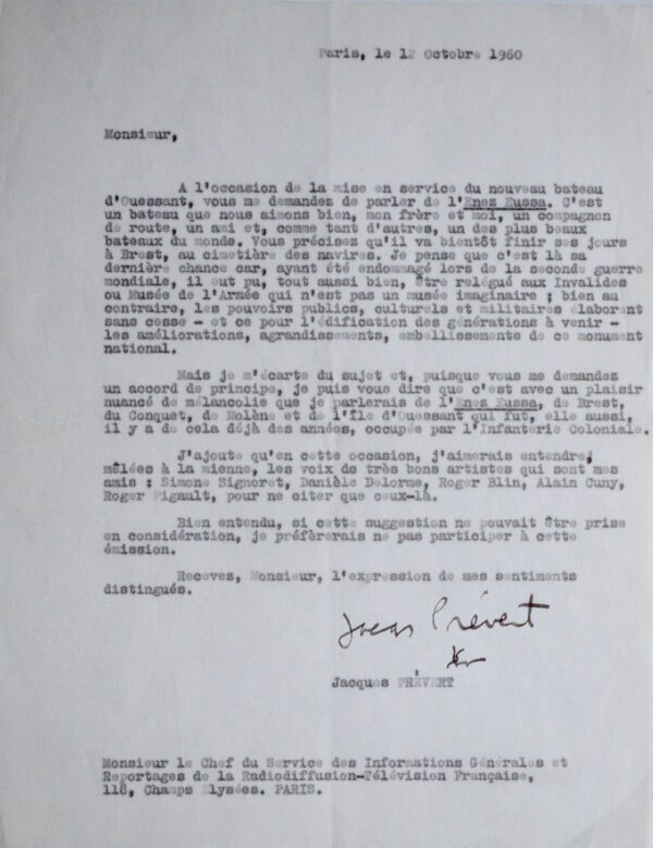 Jacques Prévert accepte de parler du bateau l'Enez Eussa