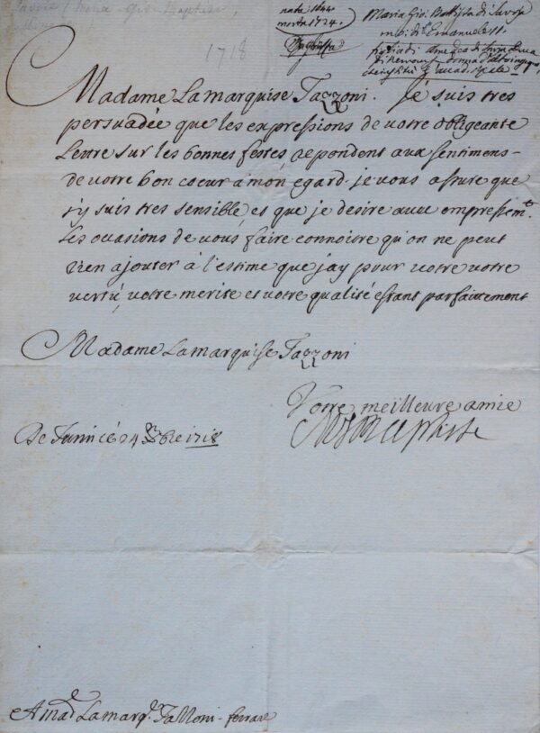 Lettre de la duchesse de Savoie, Marie-Jeanne-Baptiste de Savoie-Nemours, à la marquise Tazzoni-Ferrare