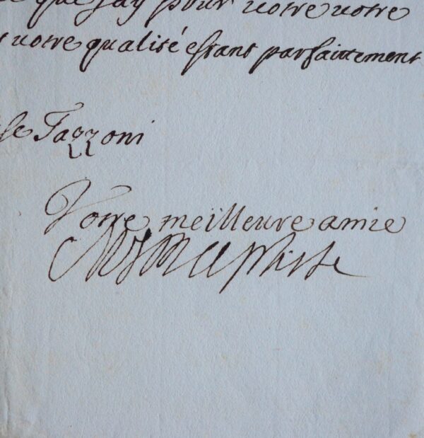 Lettre de la duchesse de Savoie, Marie-Jeanne-Baptiste de Savoie-Nemours, à la marquise Tazzoni-Ferrare