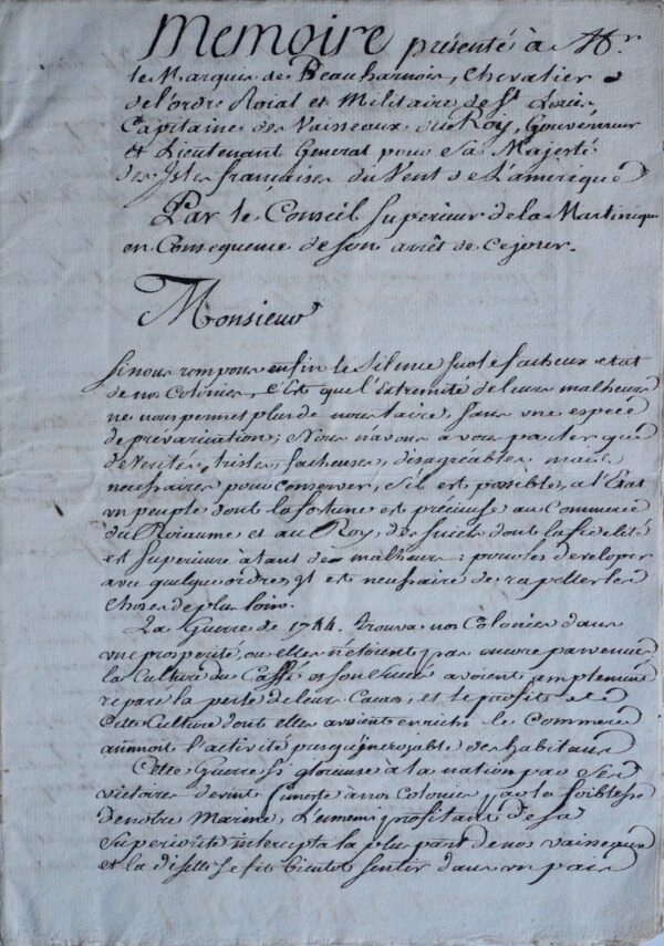 1759 : mémoire manuscrit sur la situation catastrophique de la Martinique