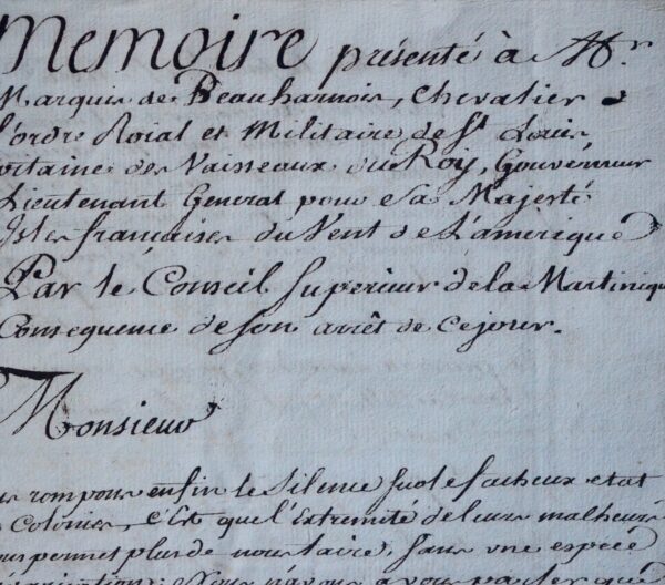 1759 : mémoire manuscrit sur la situation catastrophique de la Martinique