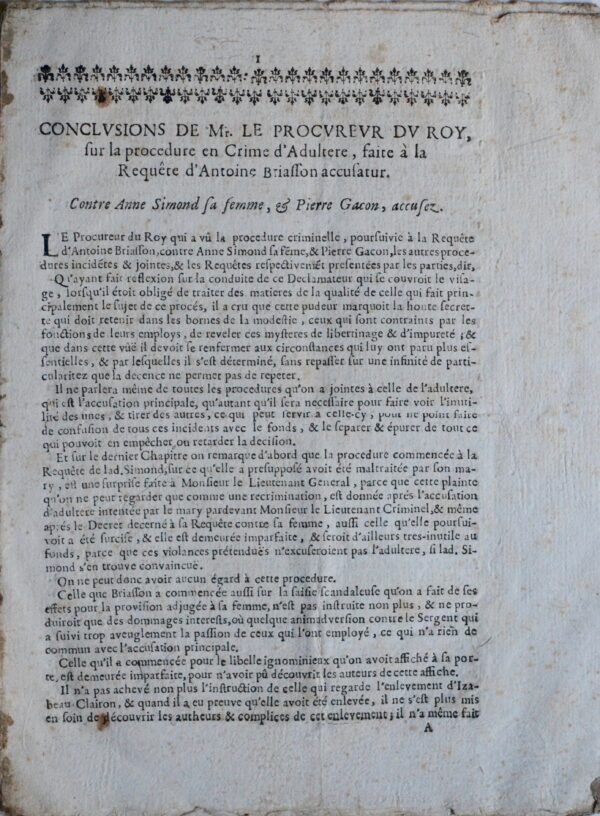 1690 : les conclusions du Procureur du Roi contre une femme coupable d'adultère