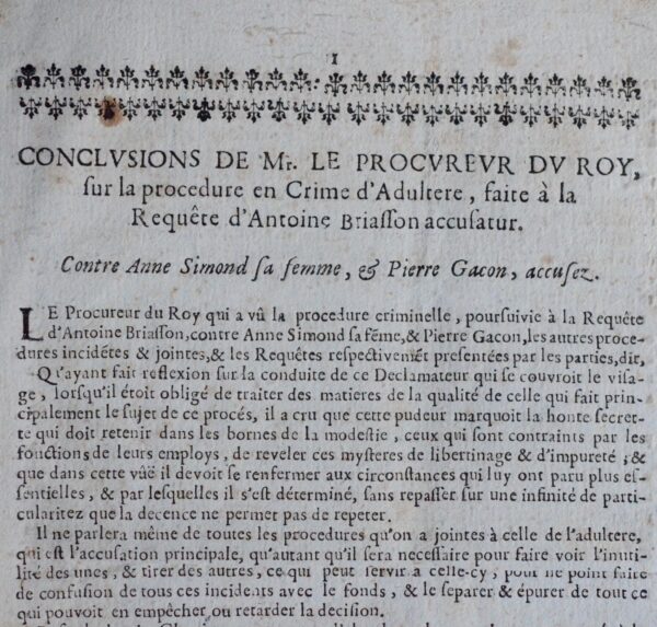 1690 : les conclusions du Procureur du Roi contre une femme coupable d'adultère