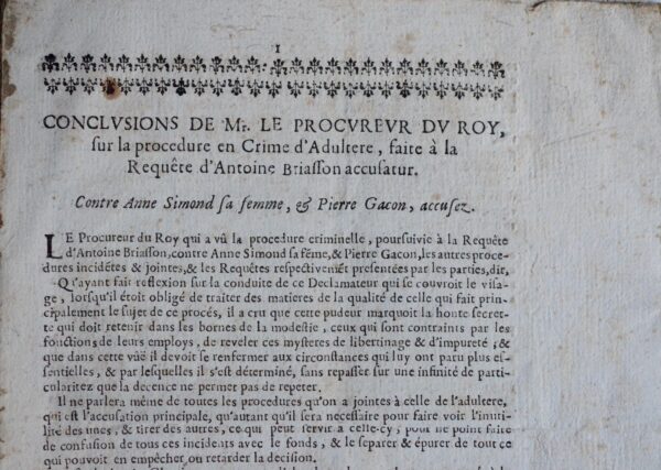 1690 : les conclusions du Procureur du Roi contre une femme coupable d'adultère