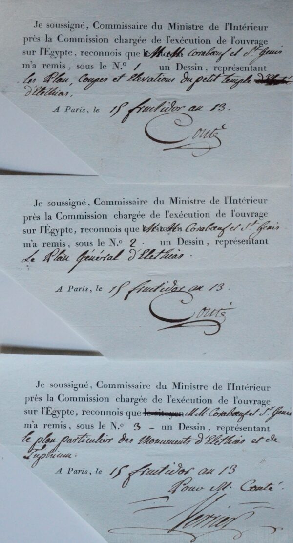 Description de l'Égypte : 3 reçus de Conté pour les dessins de Coraboeuf et Saint-Genis